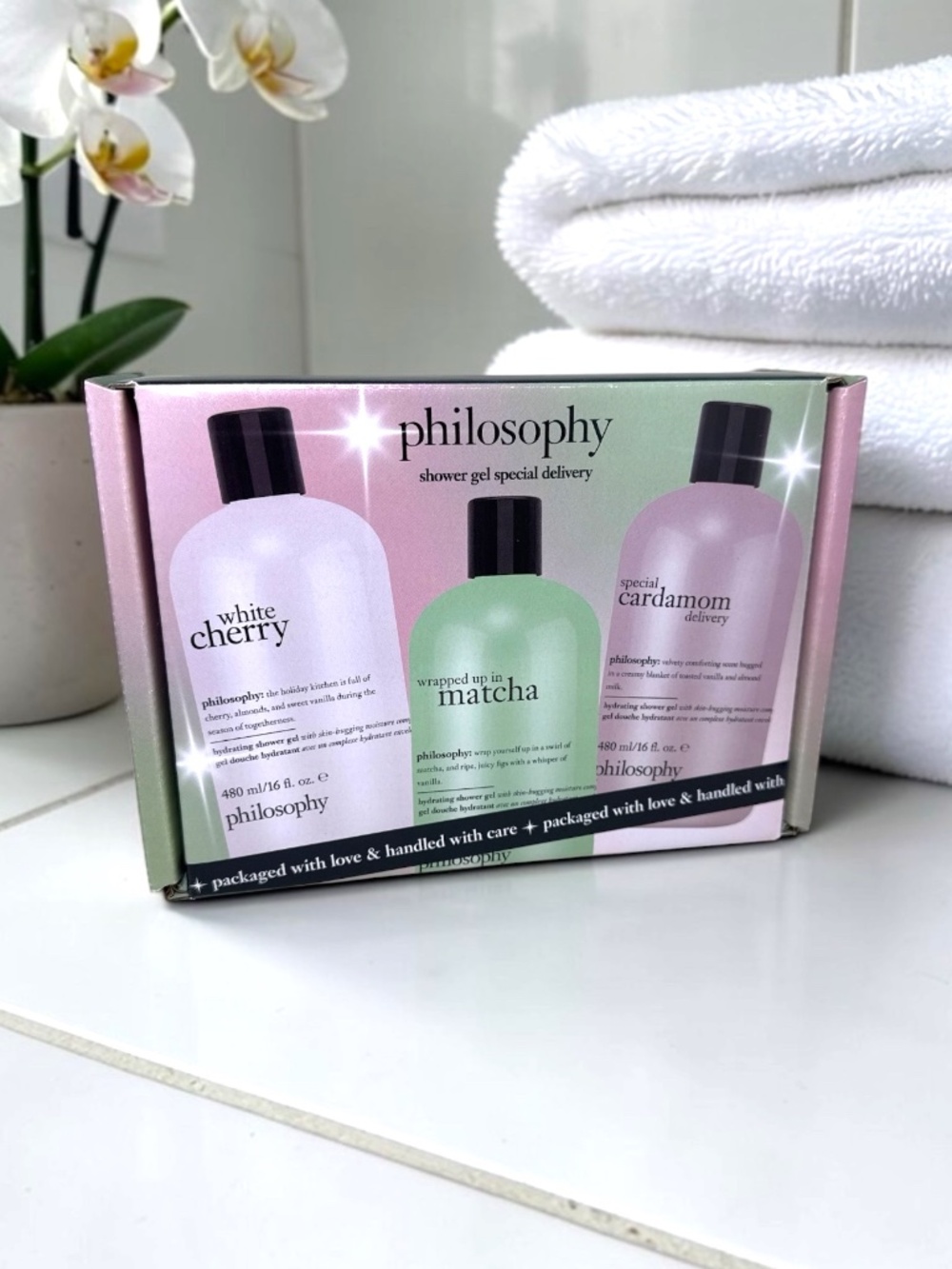 NIB SEALED Philosophy Shower Gel 3 Pc Set White Cherry Matcha Cardamom